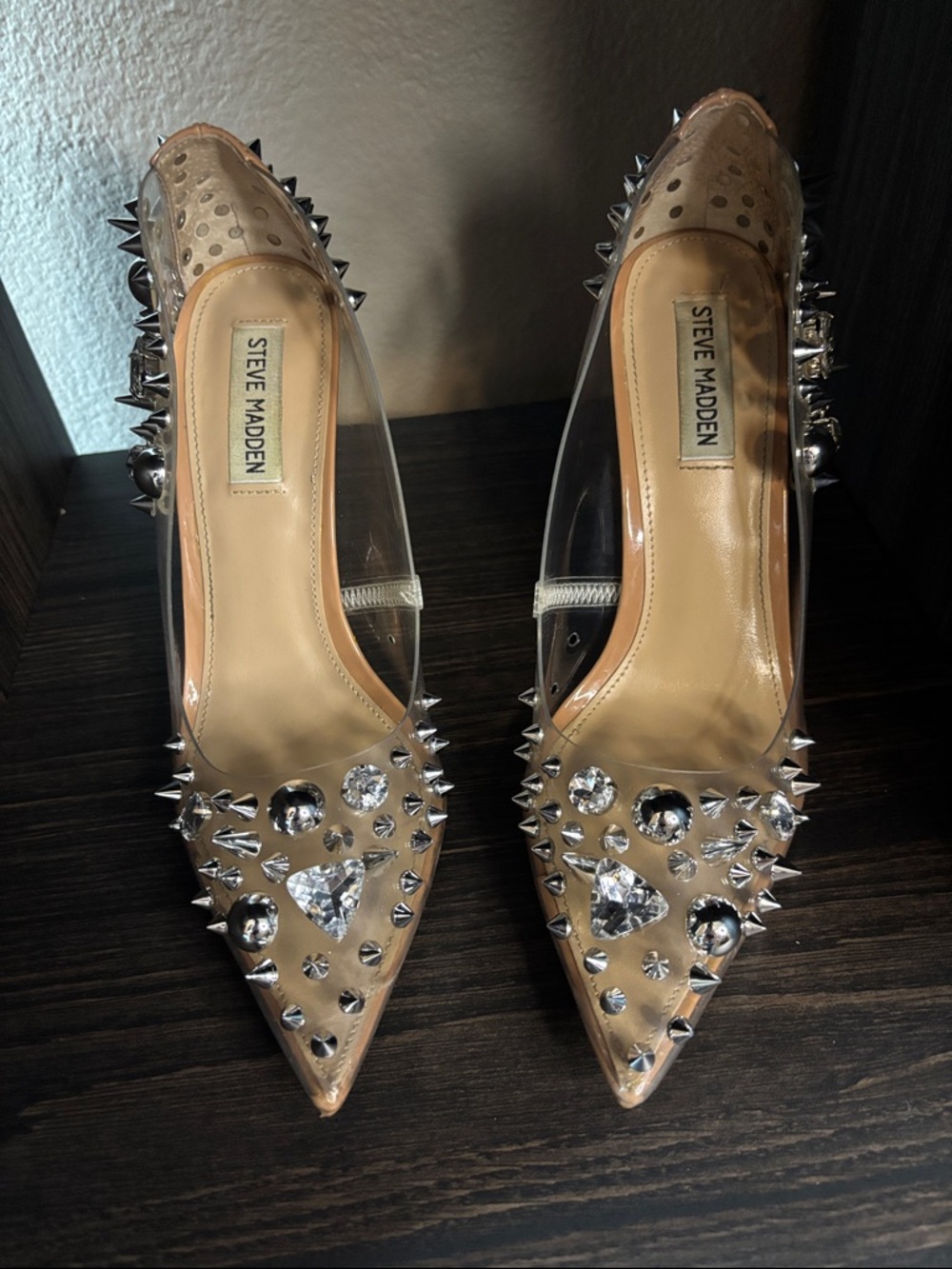 Steve Madden Nude Pointed-Toe Pumps with Clear Sides and Silver Studs